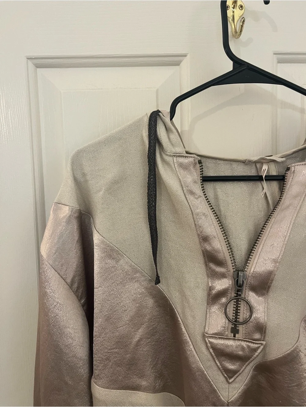 Free People Shimmer Panel Half-Zip Hooded Pullover in Champagne and Cream